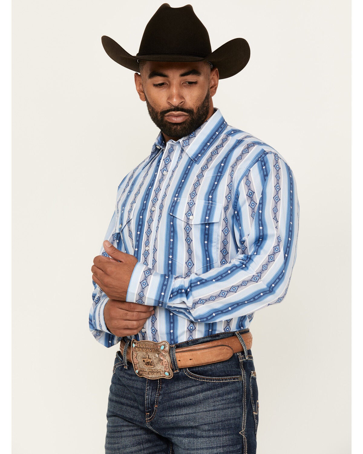 Image #2 - Wrangler Men's Checotah Southwestern Print Long Sleeve Snap Western Shirt - Tall, Blue, hi-res