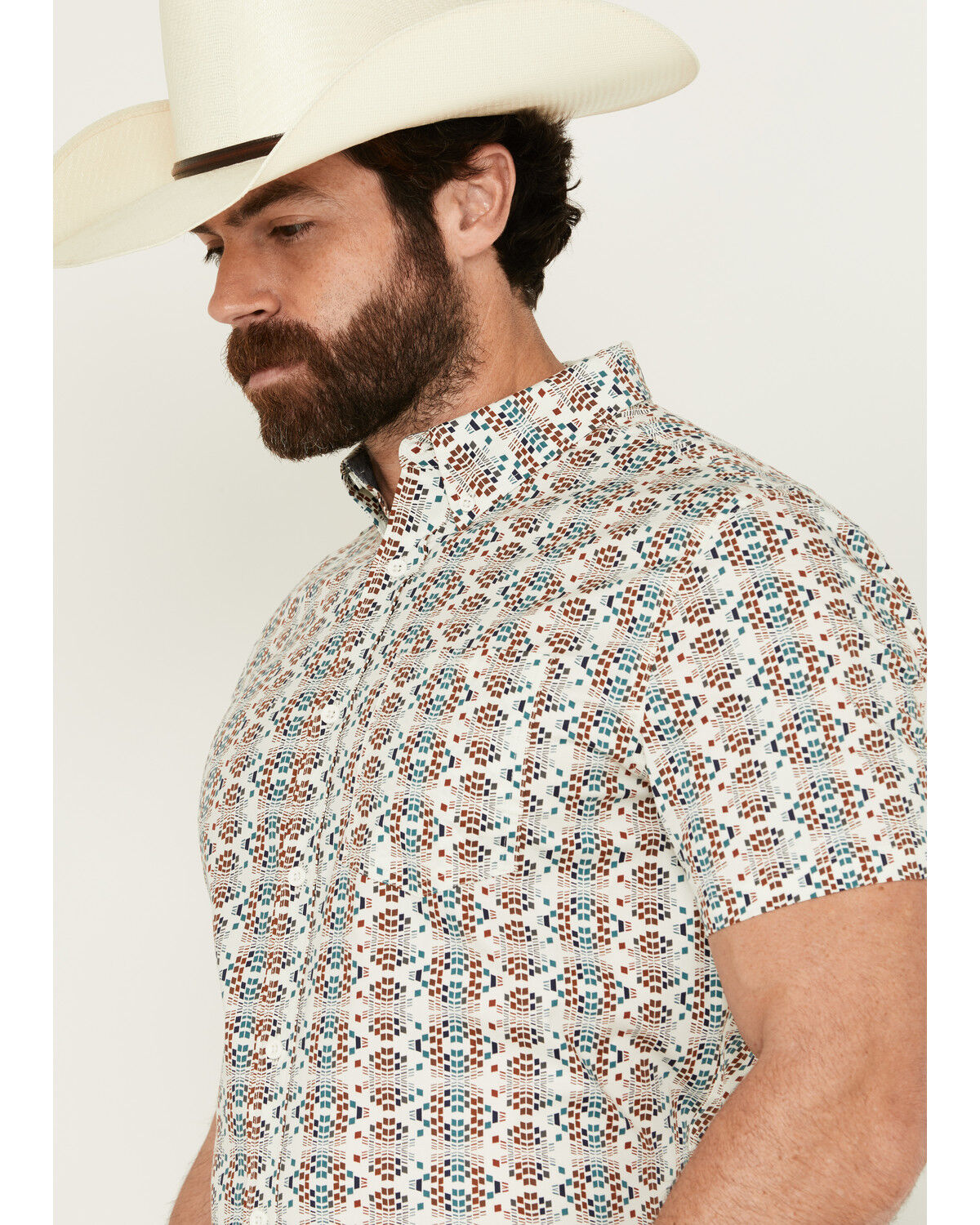 Image #2 - RANK 45® Men's Westgate Abstract Geo Print Short Sleeve Button-Down Stretch Western Shirt, Ivory, hi-res