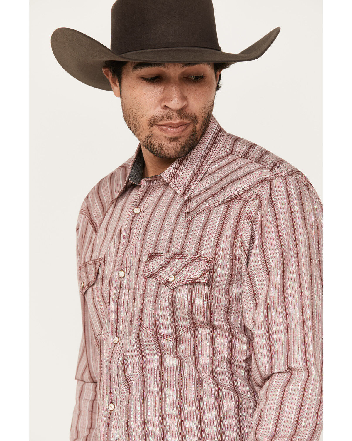 Image #2 - Moonshine Spirit Men's Red Canyon Striped Long Sleeve Pearl Snap Western Shirt, Burgundy, hi-res