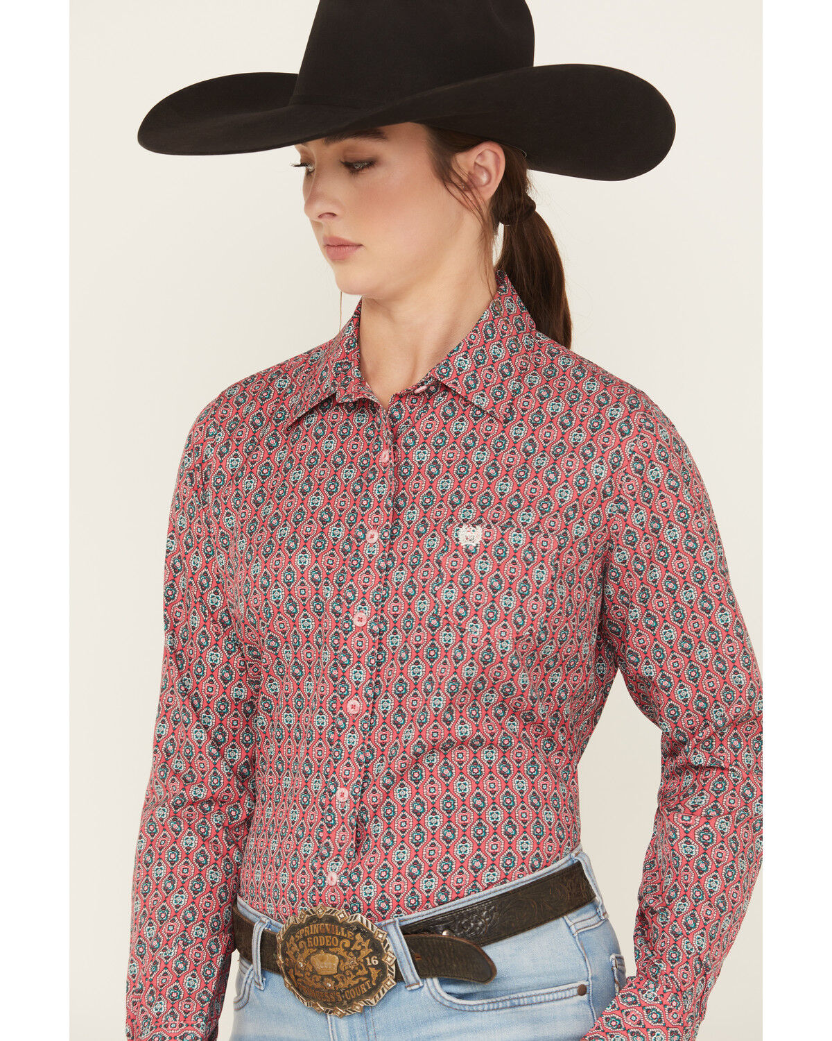 Image #2 - Cinch Women's Geo Print Long Sleeve Button-Down Western Shirt, Pink, hi-res