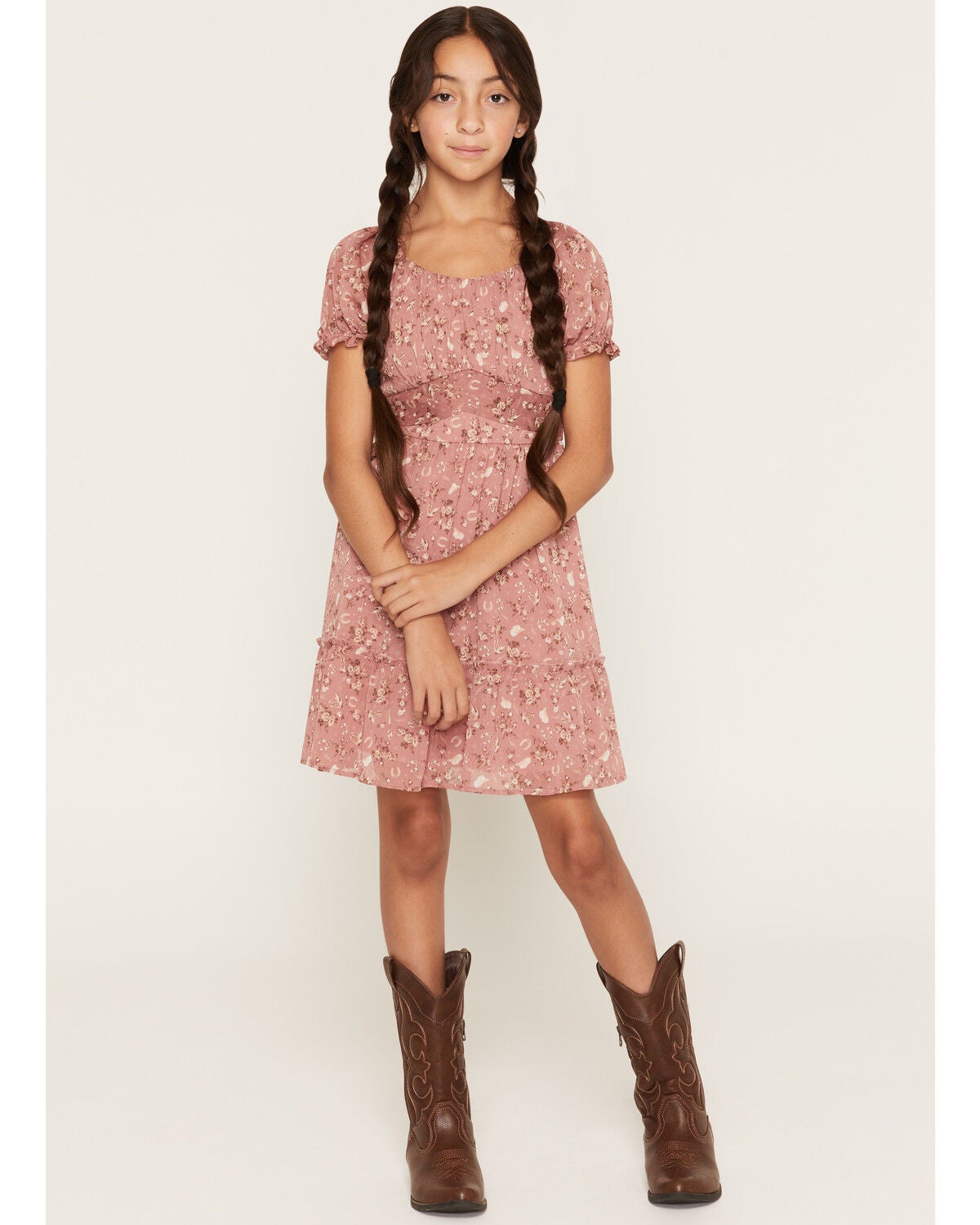 Ash & Violet Girls' Western Floral Print Dress, Pink, hi-res