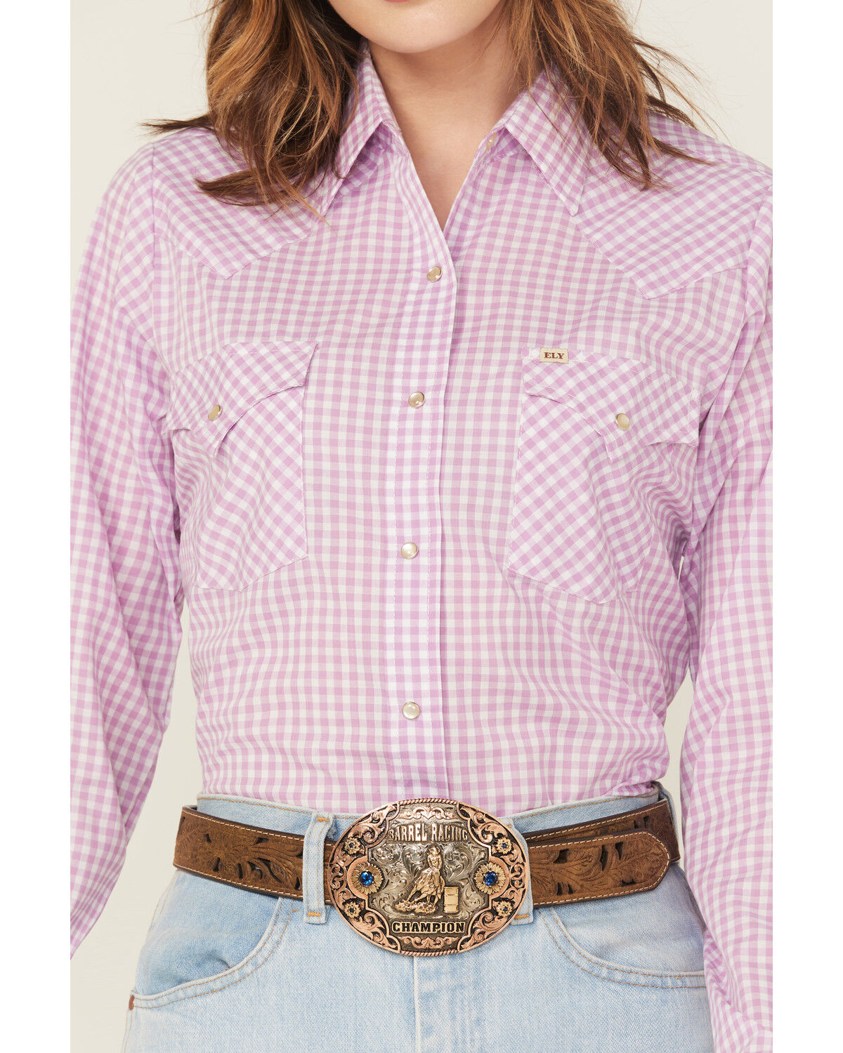 Image #4 - Cowboygirl by Jenna Paulette Women's Gingham Print Long Sleeve Pearl Snap Western Shirt, Lavender, hi-res