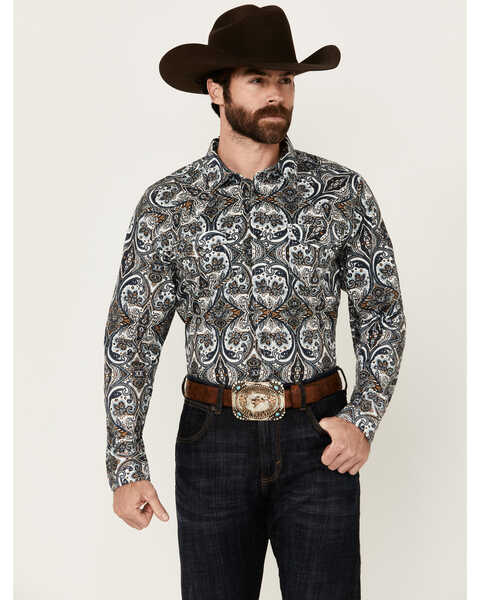 Image #1 - Cody James Men's Revved Up Medallion Print Long Sleeve Snap Western Shirt, Ivory, hi-res