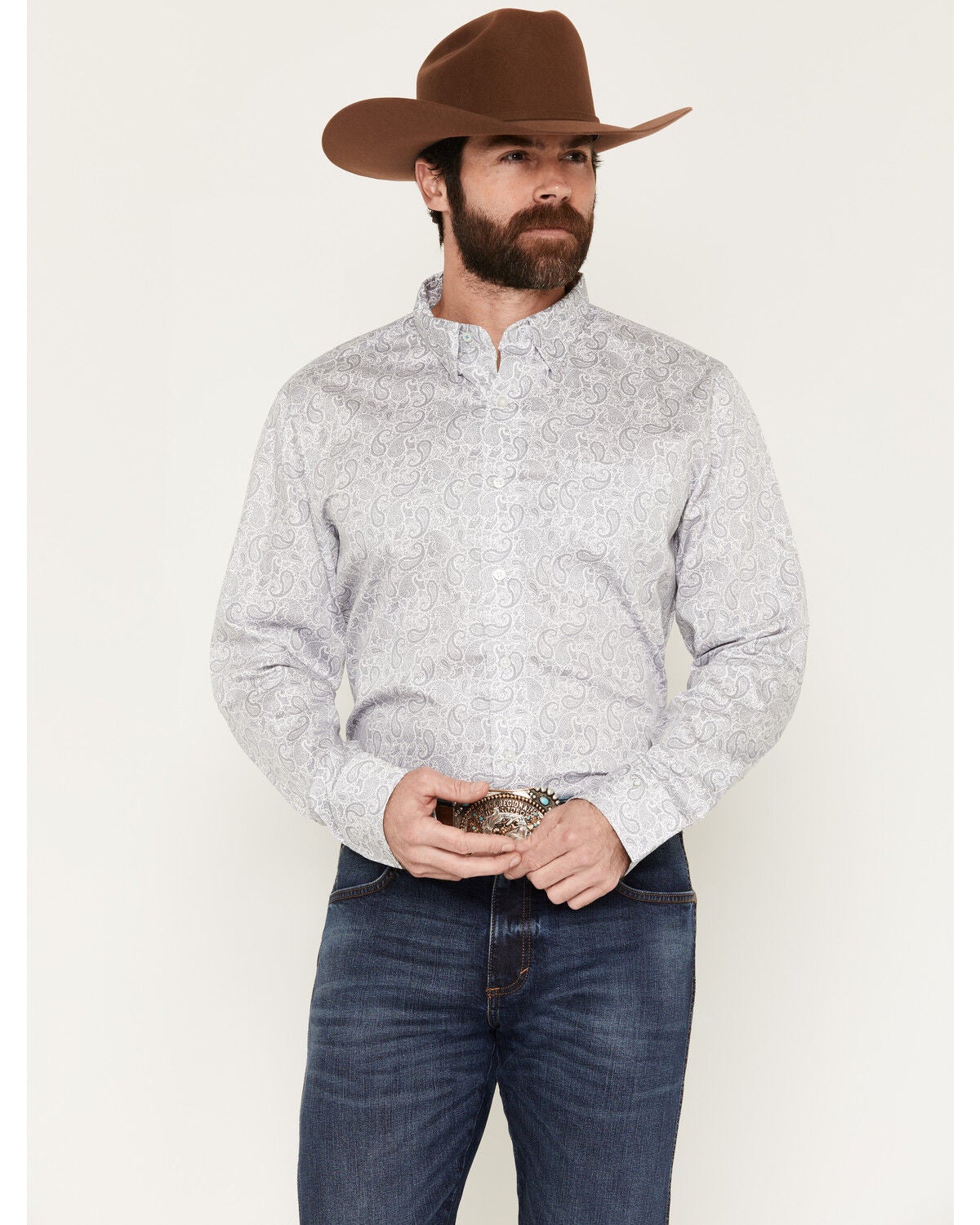 Wrangler X Cody Johnson Men's Paisley Print Long Sleeve Button-Down Western Shirt, Charcoal, hi-res