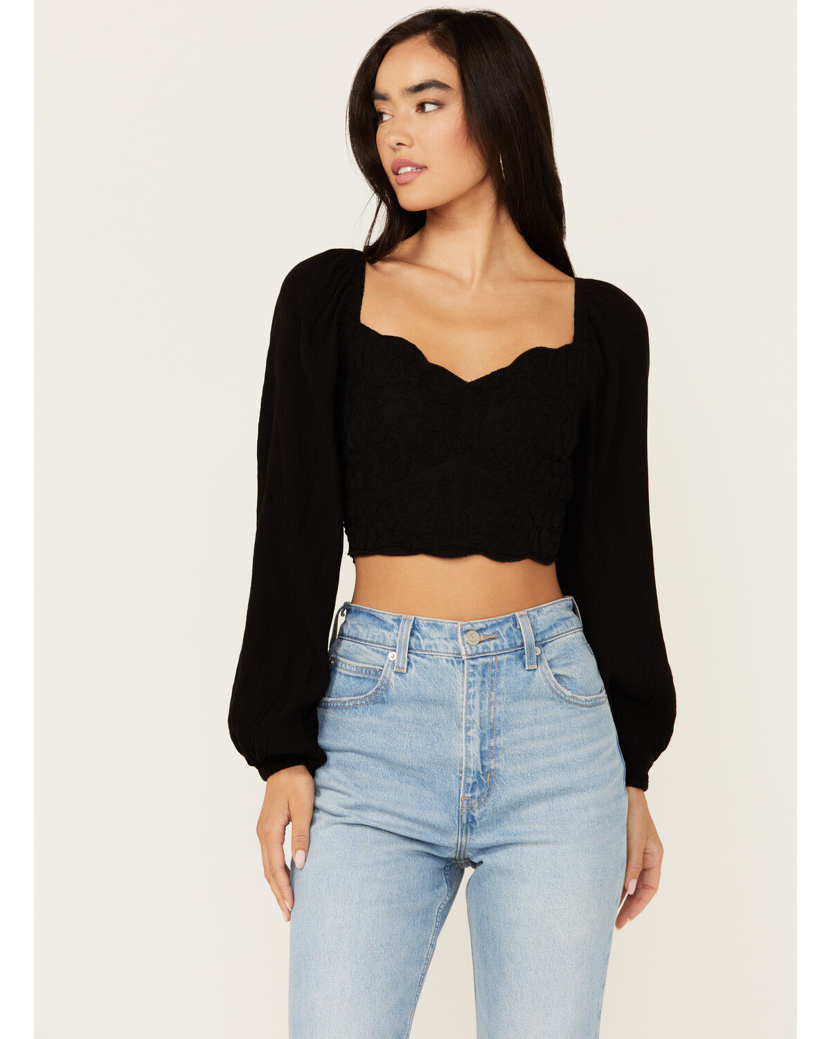 Image #1 - Shyanne Women's Embroidered Mesh Dot Poet Sleeve Crop Top, Black, hi-res