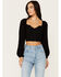 Image #1 - Shyanne Women's Embroidered Mesh Dot Poet Sleeve Crop Top, Black, hi-res
