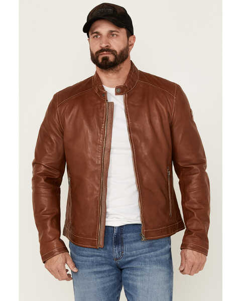 Mauritius Leather Men's Menny Zip-Front Leather Moto Jacket , Cognac, hi-res