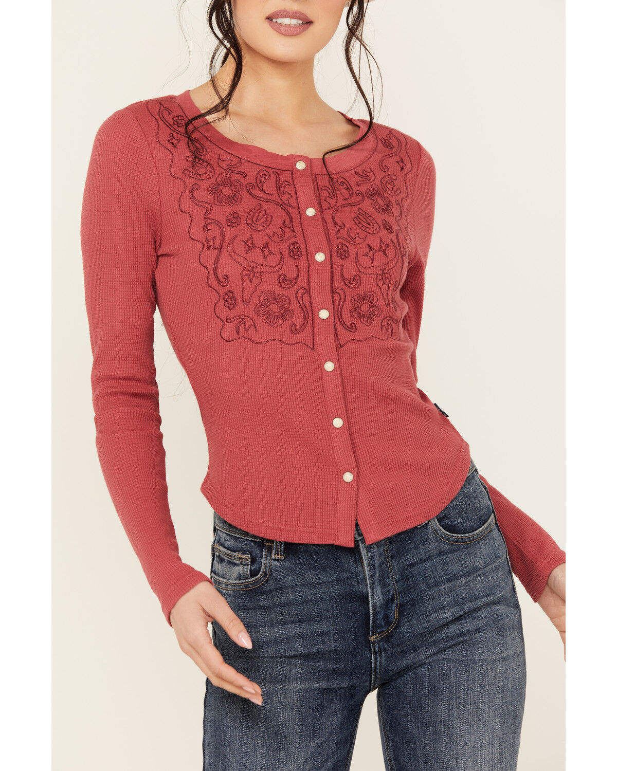 Image #3 - Wrangler Women's Embroidered Long Sleeve Snap Shirt, Light Red, hi-res