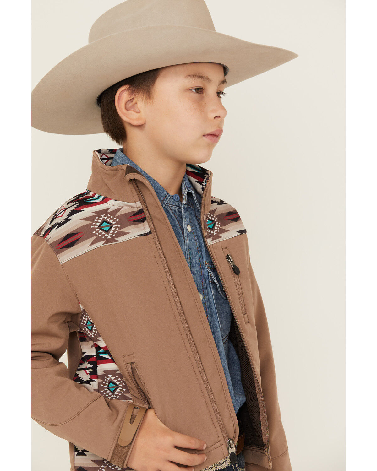 Image #2 - Rodeo Clothing Boys' Southwestern Print Softshell Jacket, Tan, hi-res