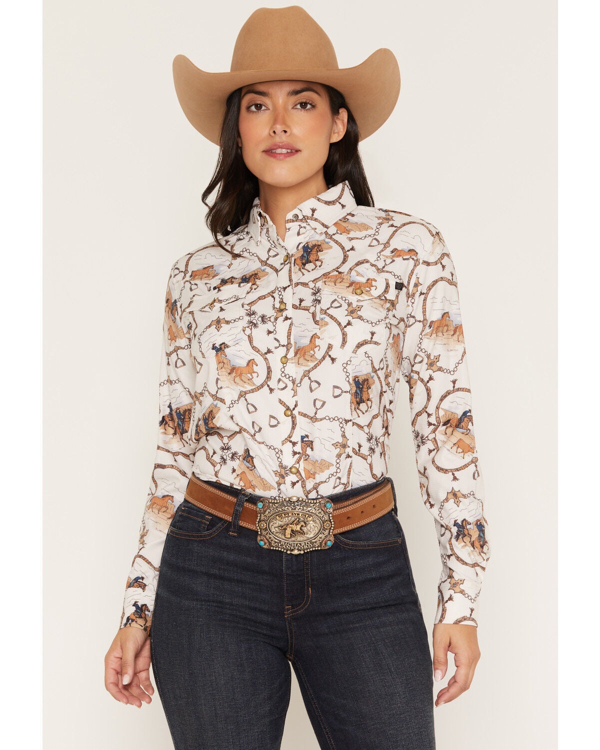 Image #1 - Rock & Roll Denim Women's Stirrup Tek Conversational Print Long Sleeve Snap Stretch Western Shirt, Cream, hi-res