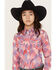 Panhandle Girls' Patchwork Print Long Sleeve Snap Western Shirt, Pink, hi-res
