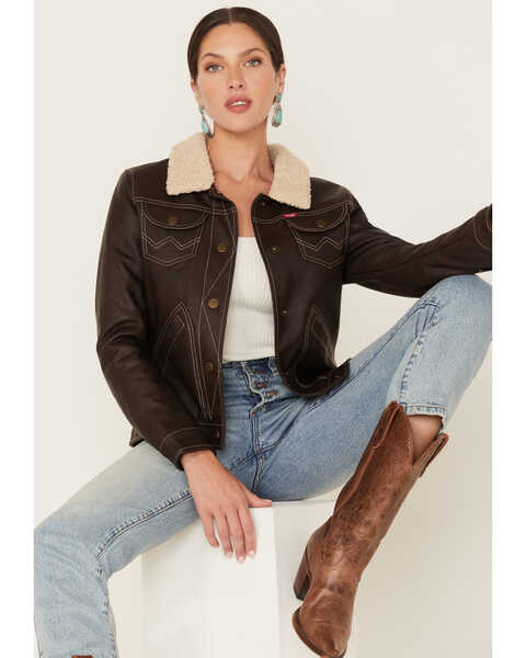 Wrangler Women's Shearing Collar Leather Jacket, Brown, hi-res