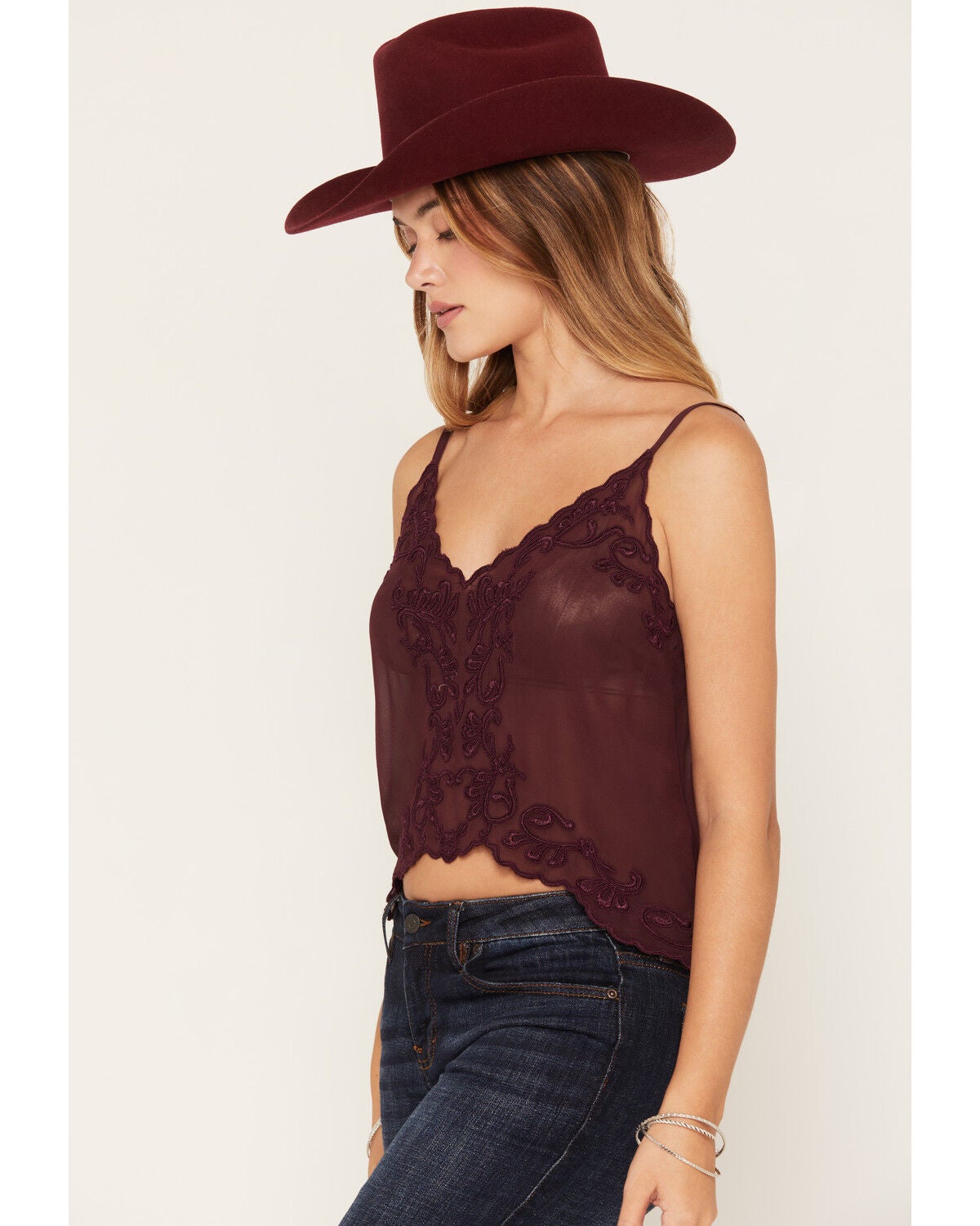 Image #2 - Idyllwind Women's Santa Rosa Embroidered Georgette Tank, Wine, hi-res
