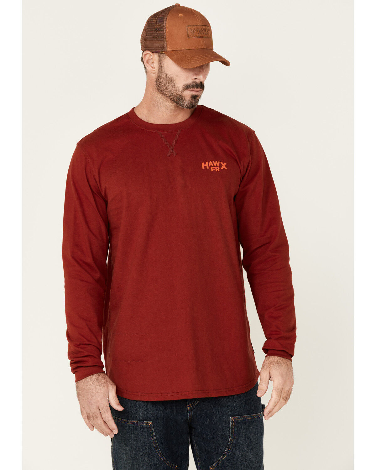 Image #1 - Hawx Men's FR Logo Graphic Long Sleeve Work T-Shirt, Red, hi-res