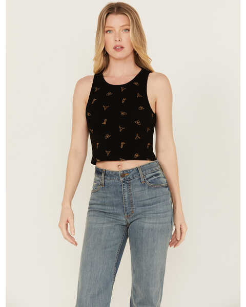 Image #1 - Discreture Women's Western Embroidered Cropped Tank, Black, hi-res