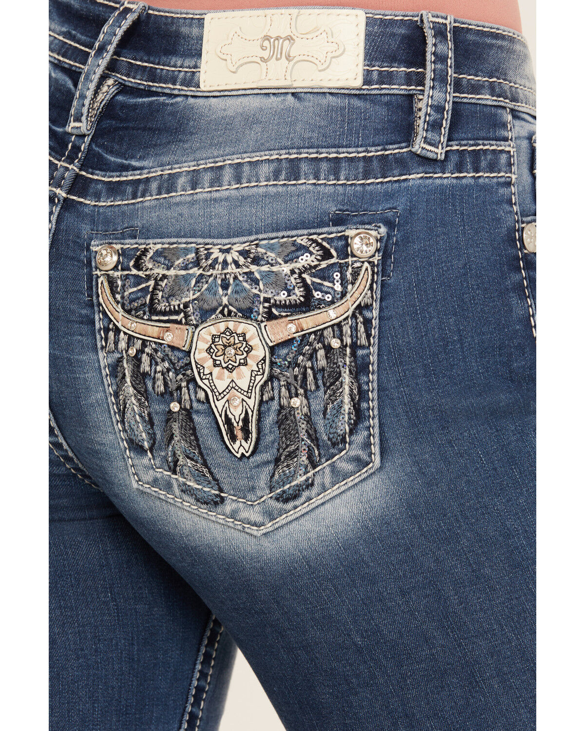 Image #2 - Miss Me Women's Medium Wash Mid Rise Steer Head 34" Bootcut Stretch Denim Jeans, Medium Wash, hi-res