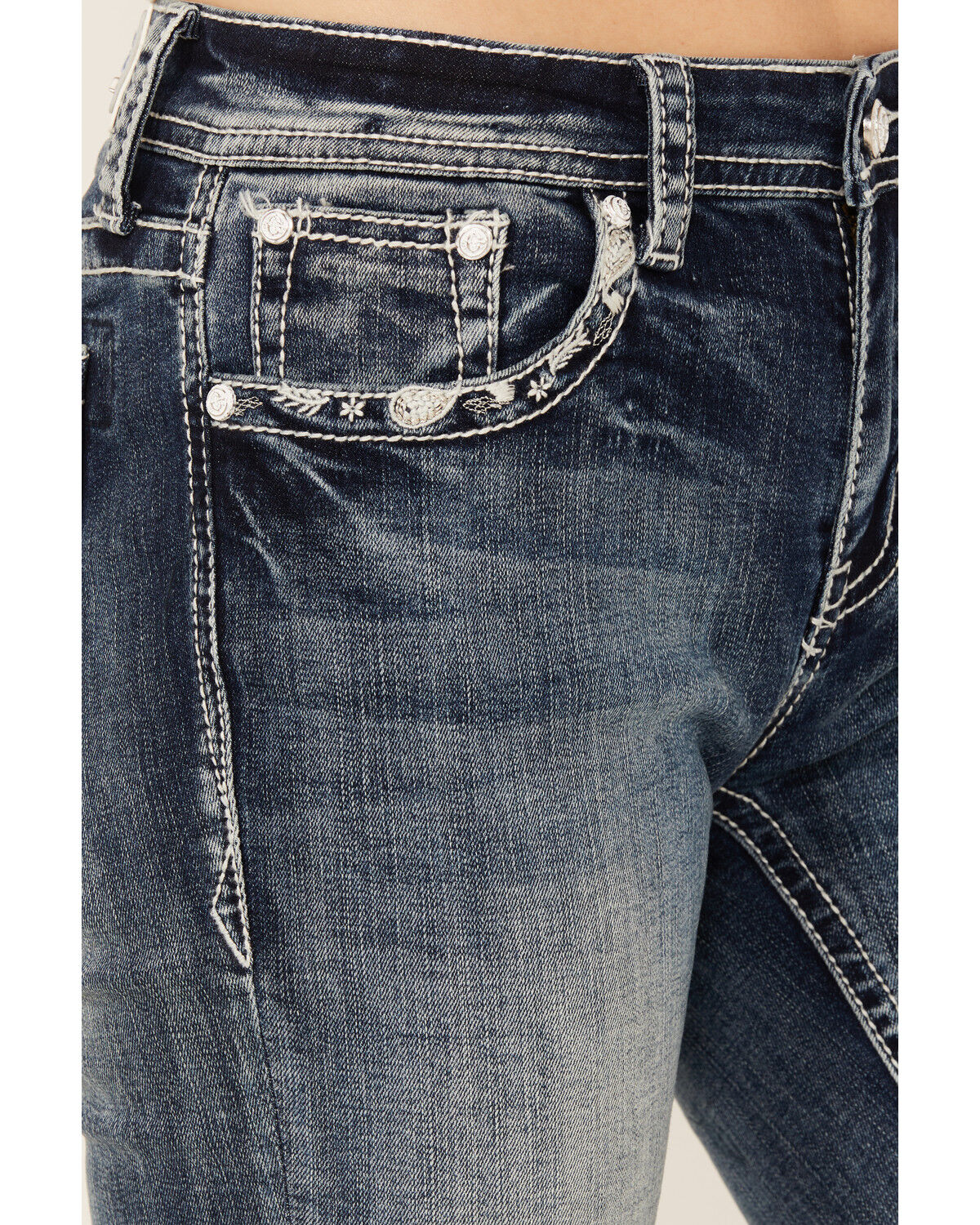 Image #4 - Grace In LA Women's Fleur De Lis Embroidered Pocket Bootcut Stretch Denim Jeans, Medium Wash, hi-res