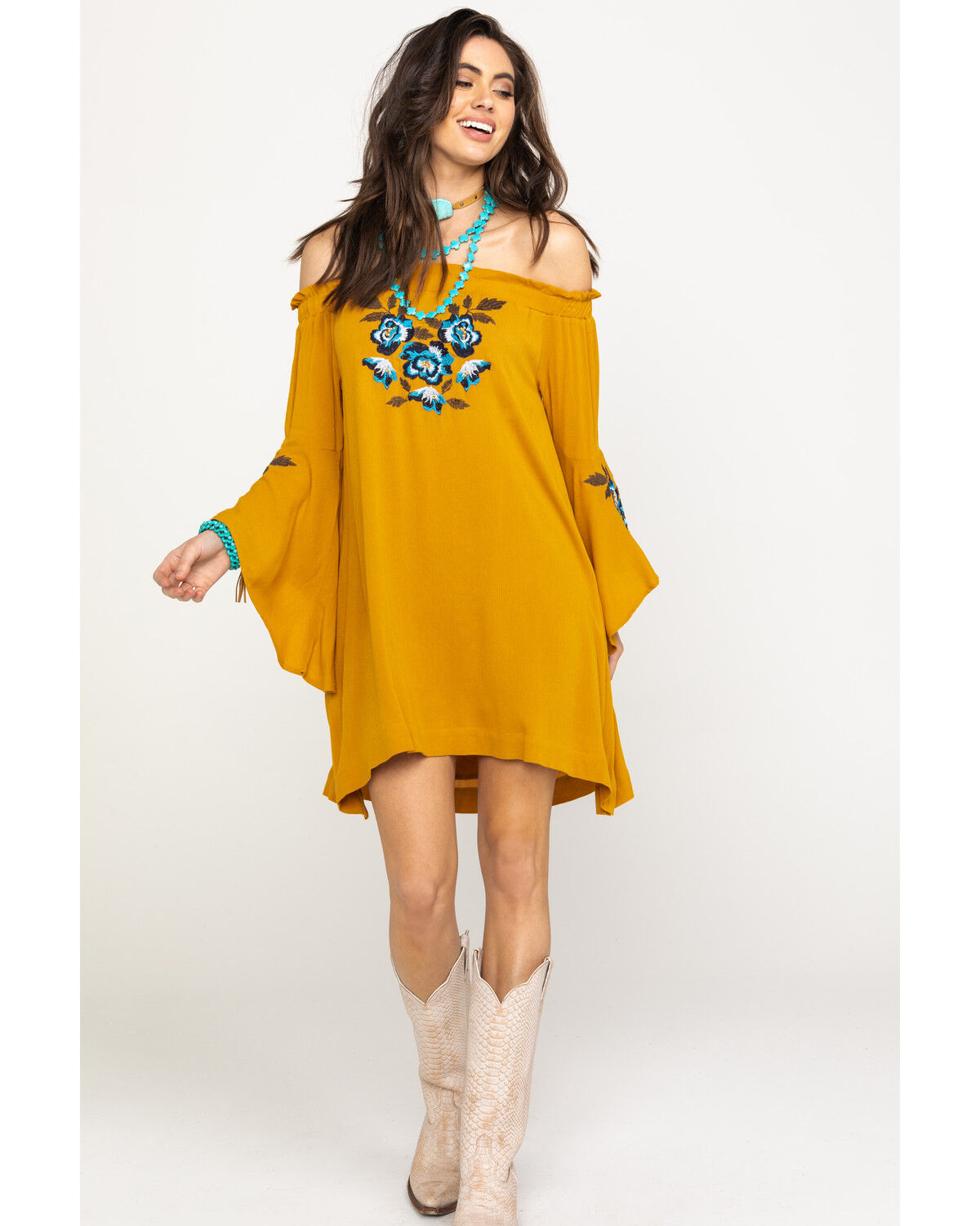 yellow bell sleeve dress