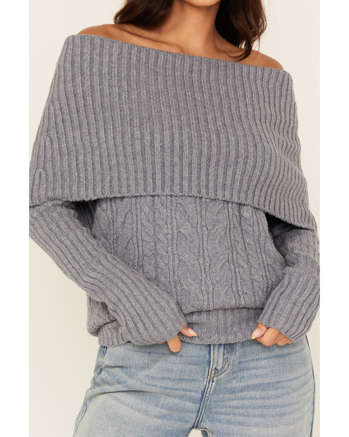 Image #3 - Shyanne Women's Off The Shoulder Cable Knit Sweater, Slate, hi-res