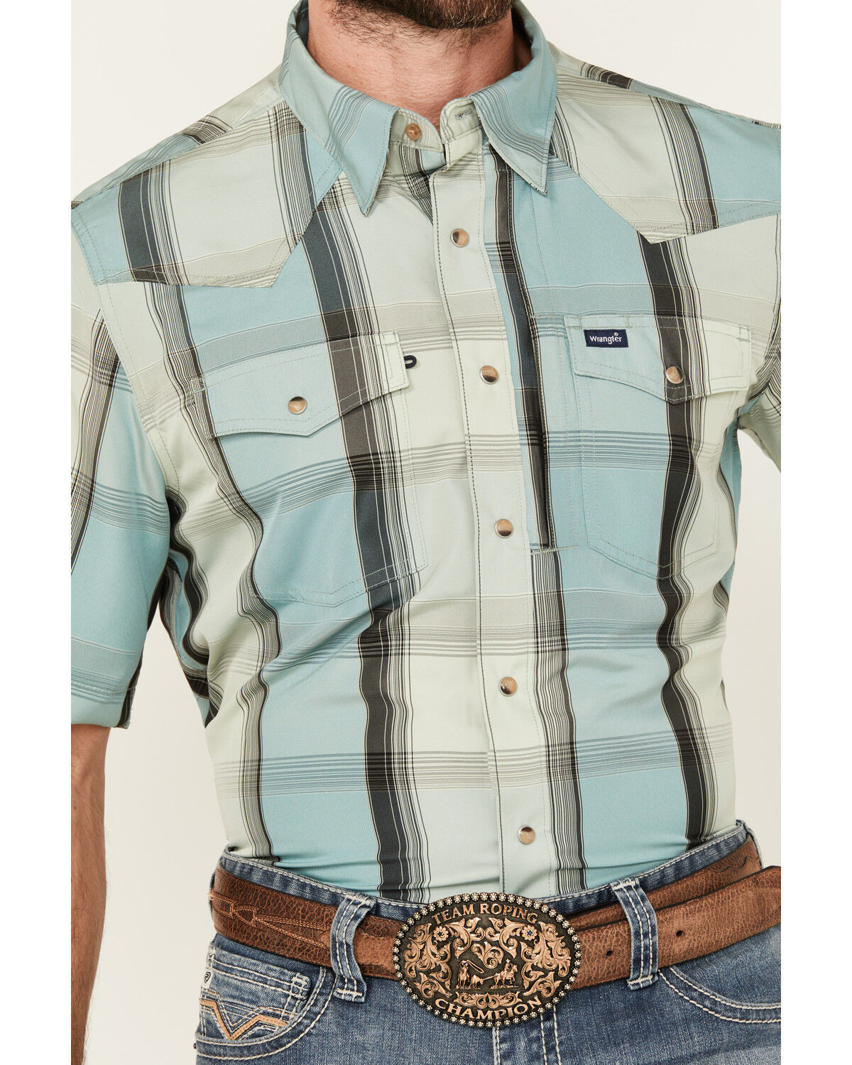 Image #3 - Wrangler Men's Plaid Print Short Sleeve Performance Western Shirt, Turquoise, hi-res