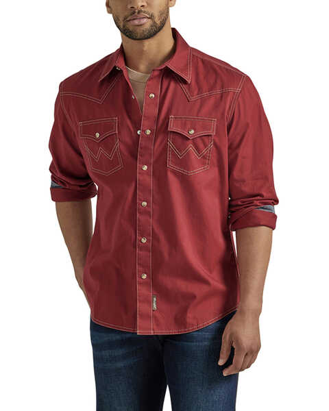 Image #1 - Wrangler Retro Men's Premium Solid Long Sleeve Snap Western Shirt , Dark Red, hi-res