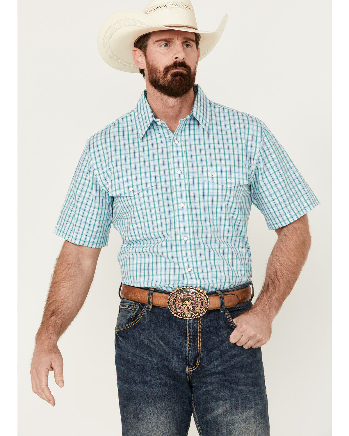 Image #1 - Panhandle Men's Plaid Print Short Sleeve Pearl Snap Western Shirt, Blue, hi-res