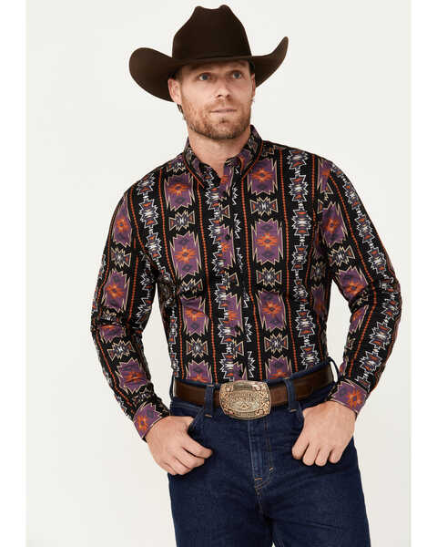 Image #1 - RANK 45® Men's Great Fall Southwestern Print Long Sleeve Button-Down Western Shirt - Tall, Black, hi-res