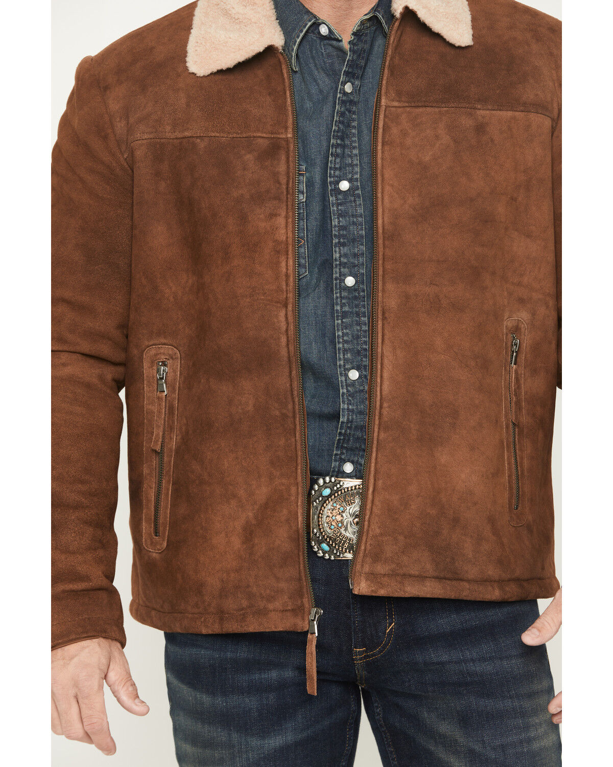 Image #3 - Scully Men's Sherpa Lined Leather Zip Jacket, Brown, hi-res