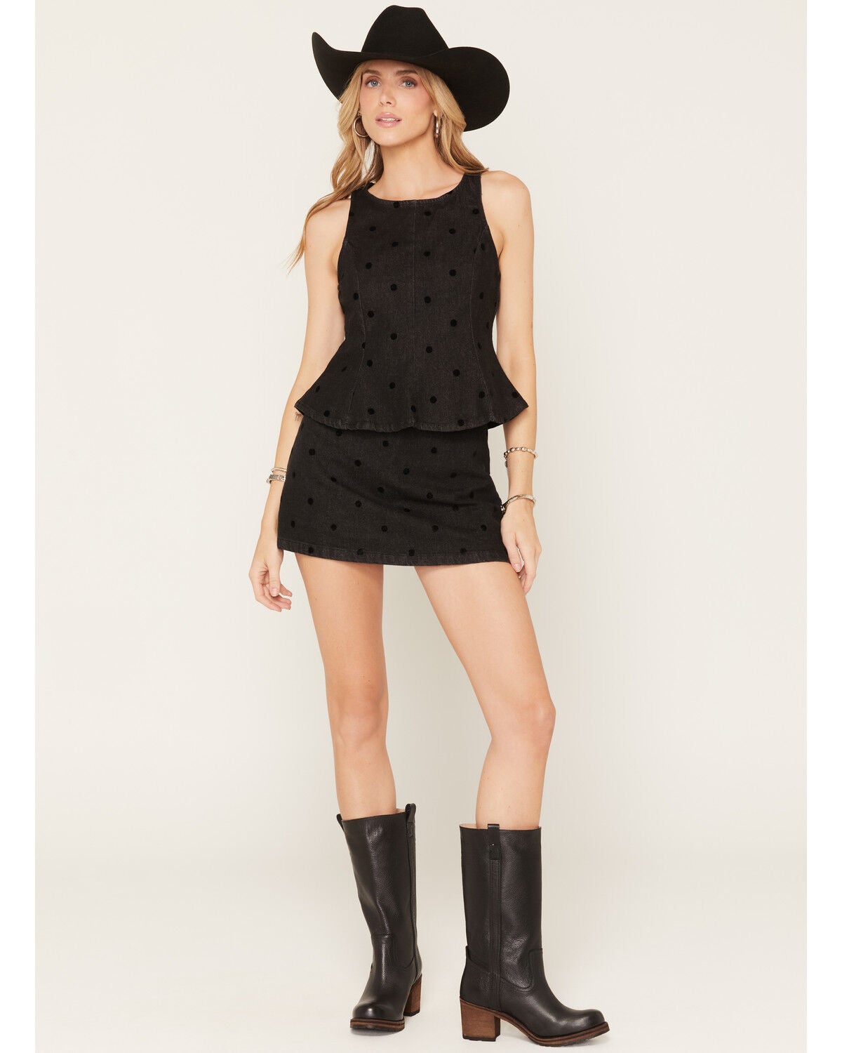 Image #1 - Cleo + Wolf Women's Polka Dot Denim Mini Skort, Black, hi-res