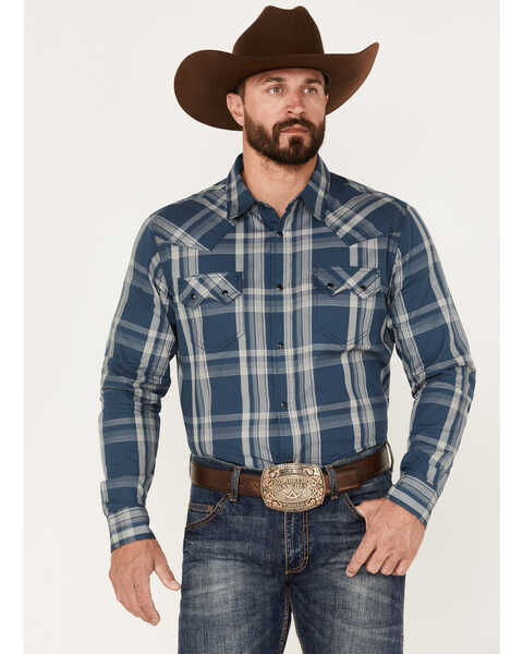 Image #1 - Cody James Men's Expression Large Plaid Print Snap Western Shirt - Big & Tall , Navy, hi-res