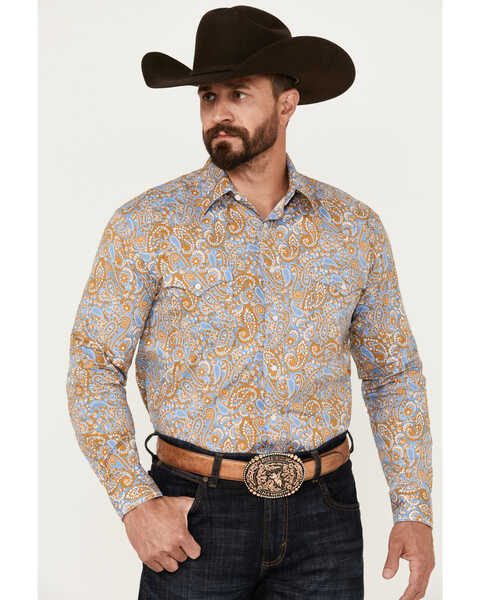 Image #1 - Rough Stock by Panhandle Men's Floral Paisley Print Long Sleeve Pearl Snap Stretch Western Shirt, Blue, hi-res