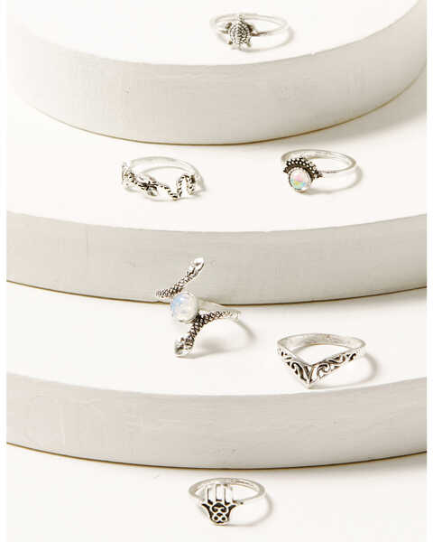 Image #1 - Shyanne Women's 6-piece Silver Hamsa Snake Moonstone Ring Set, Silver, hi-res