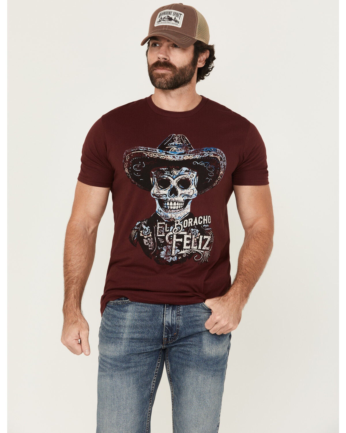 Moonshine Spirit&reg; Men's Boracho Feliz Mariachi Short Sleeve Graphic T-Shirt, Burgundy, hi-res