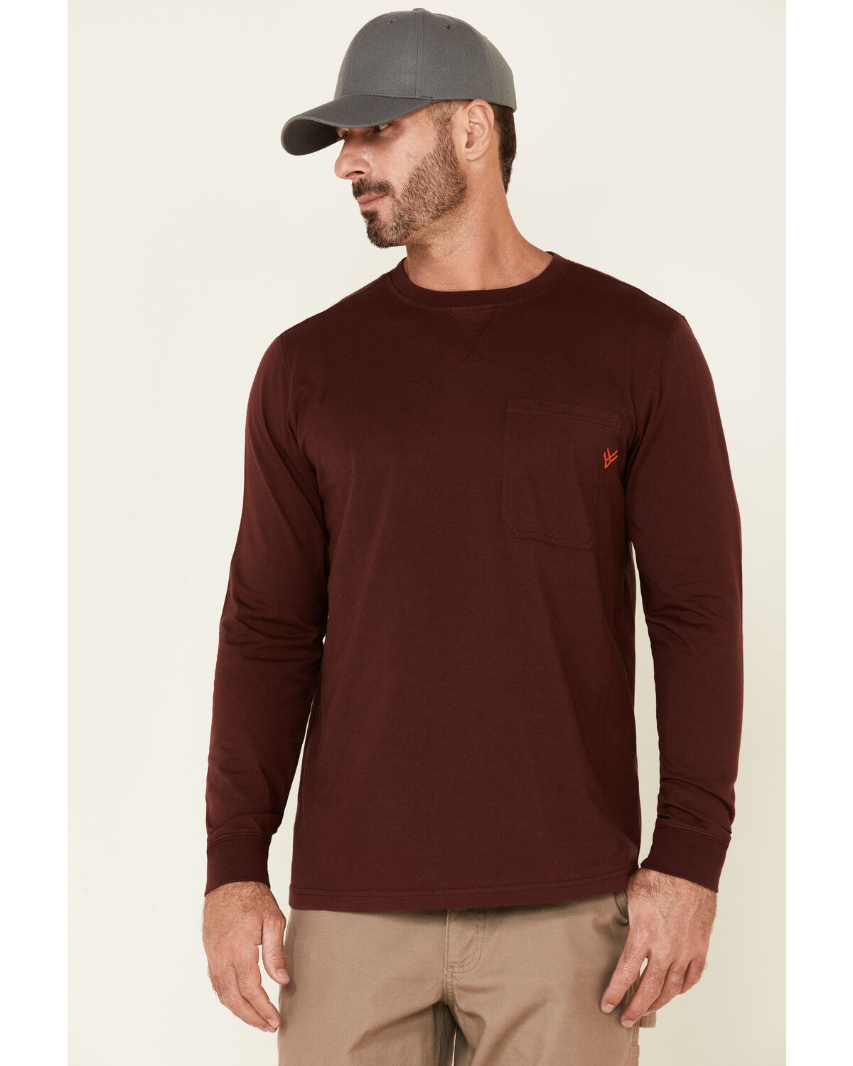 Image #1 - Hawx Men's Dark Red Original Pocket Long Sleeve Work T-Shirt, Dark Red, hi-res