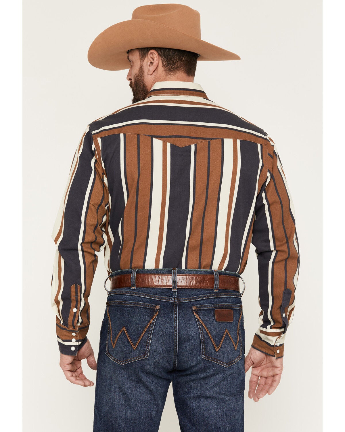 Image #4 - Wrangler Men's Vintage Brushpopper Striped Print Long Sleeve Snap Western Shirt, Brown, hi-res