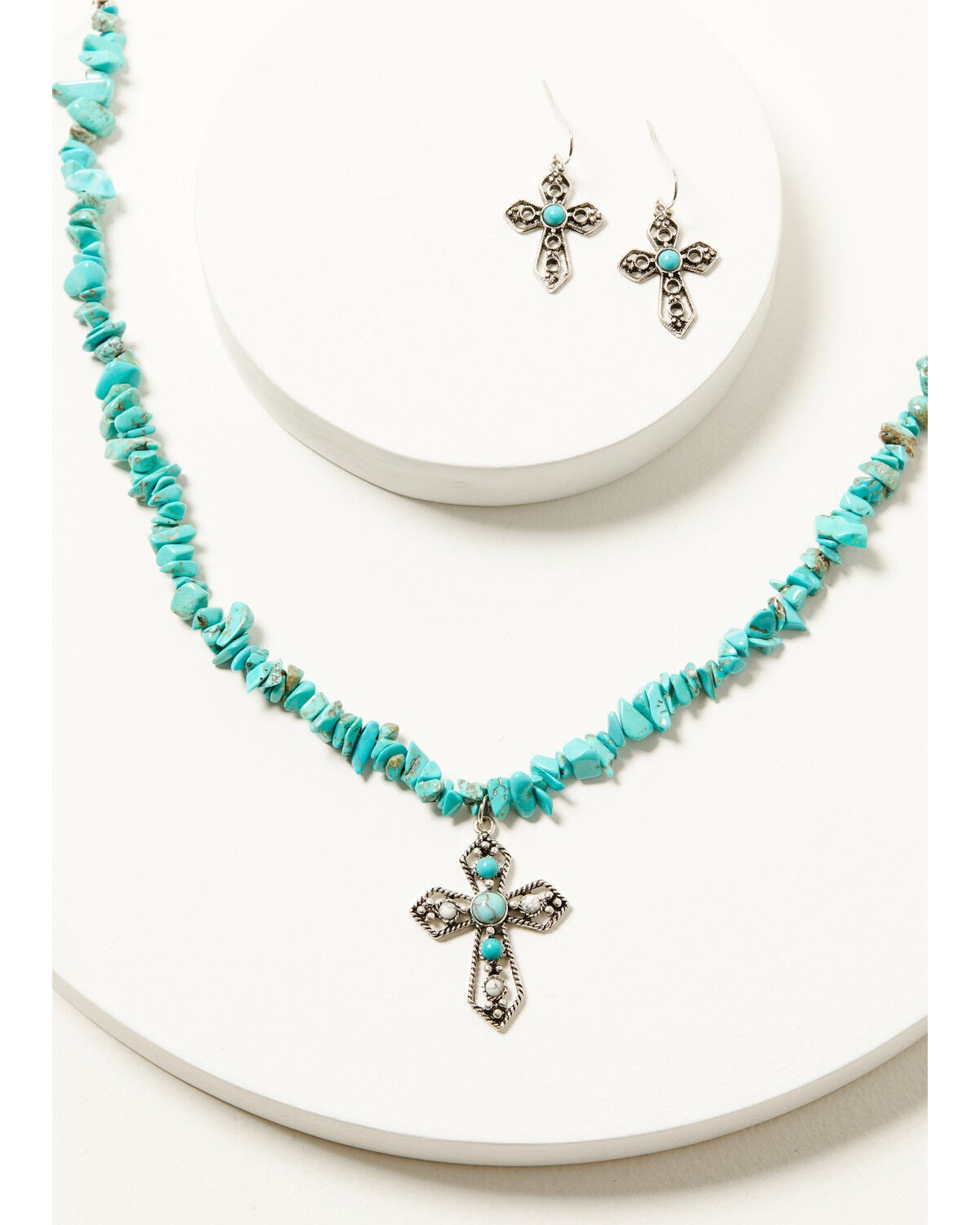 Shyanne Women's Stone Chip Cross Necklace and Earing Jewelry Set - 2 Piece, Turquoise, hi-res