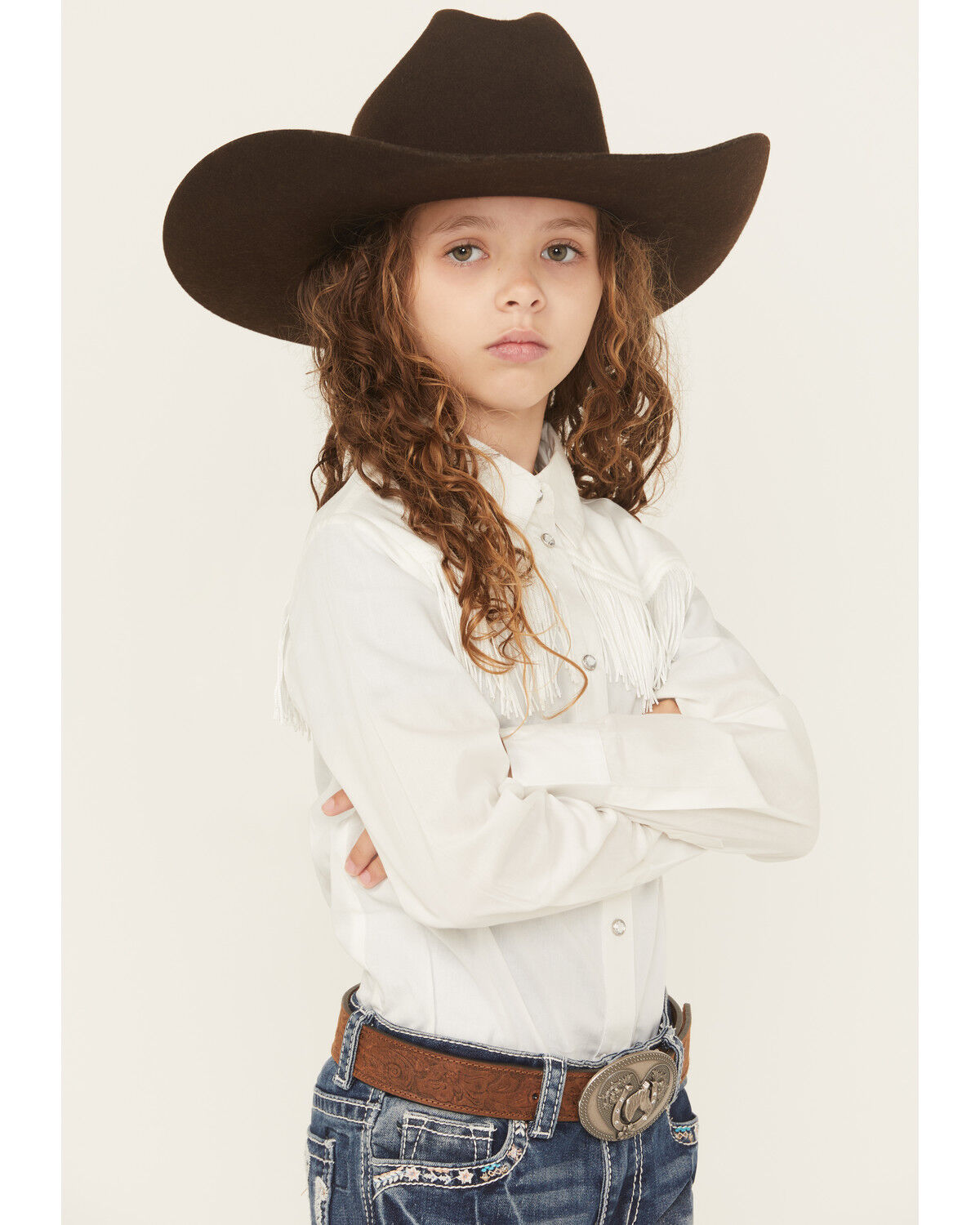 Image #2 - Shyanne Girls' Rhinestone Fringe Long Sleeve Snap Stretch Western Shirt, White, hi-res