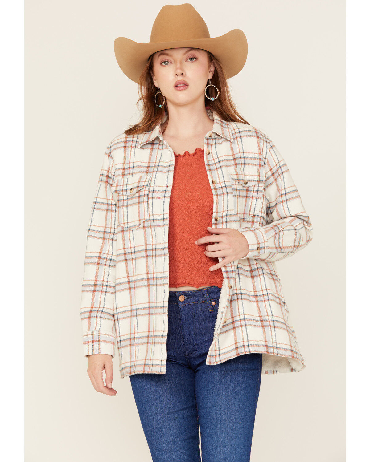 Image #1 - Ely Walker Women's Plaid Print Sherpa Lined Button-Down Shacket, Stone, hi-res