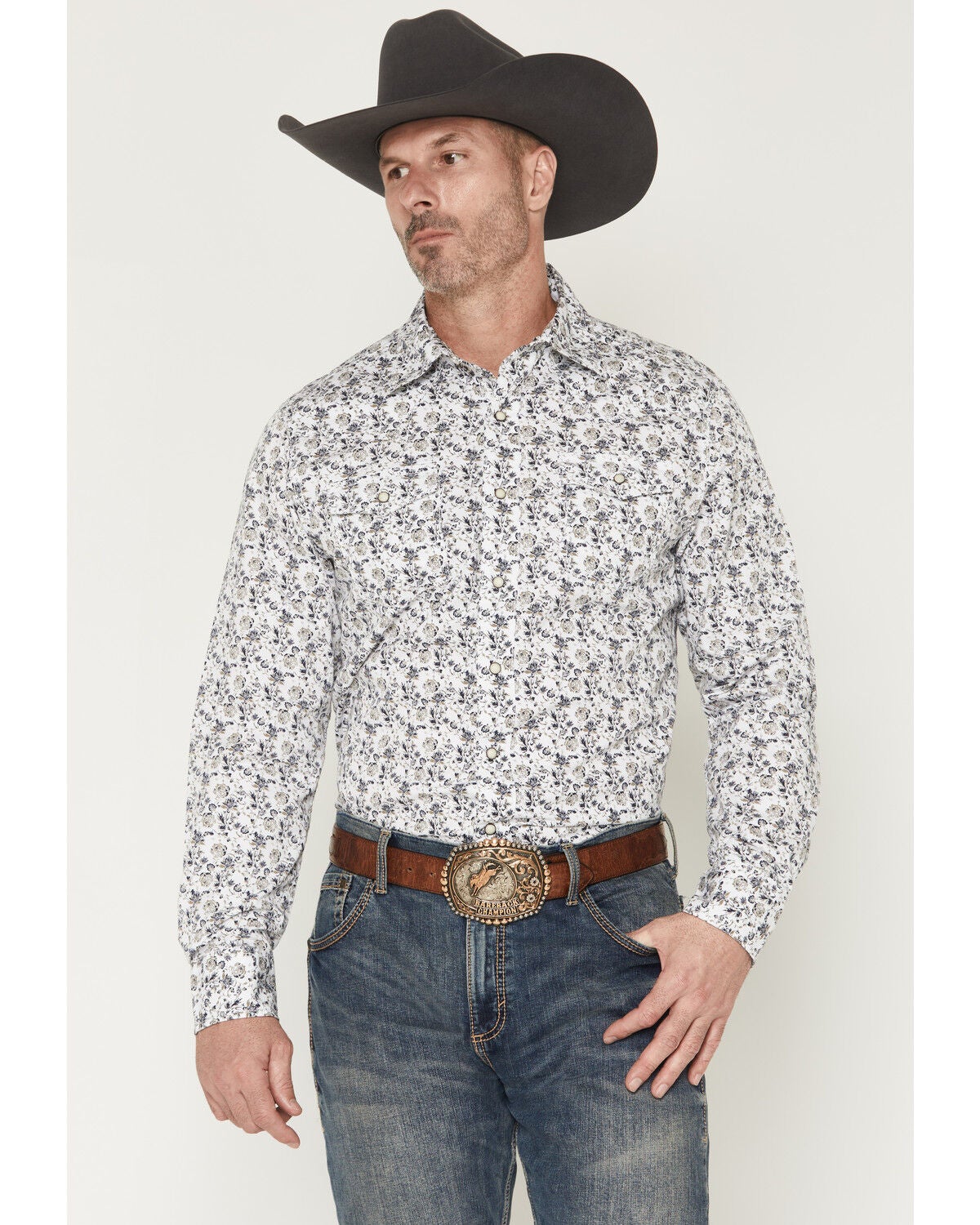 Image #1 - Wrangler Retro Men's Premium Floral Print Long Sleeve Snap Western Shirt, White, hi-res