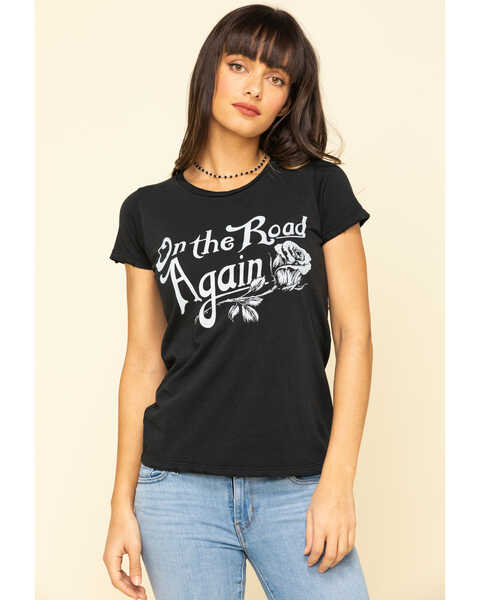 Image #1 - Bandit Brand Women's On The Road Again Graphic Short Sleeve Graphic Tee, Black, hi-res