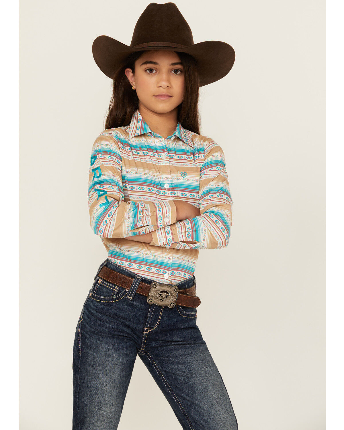Image #1 - Ariat Girls' Striped Southwestern Print Long Sleeve Button-Down Western Shirt, Beige, hi-res