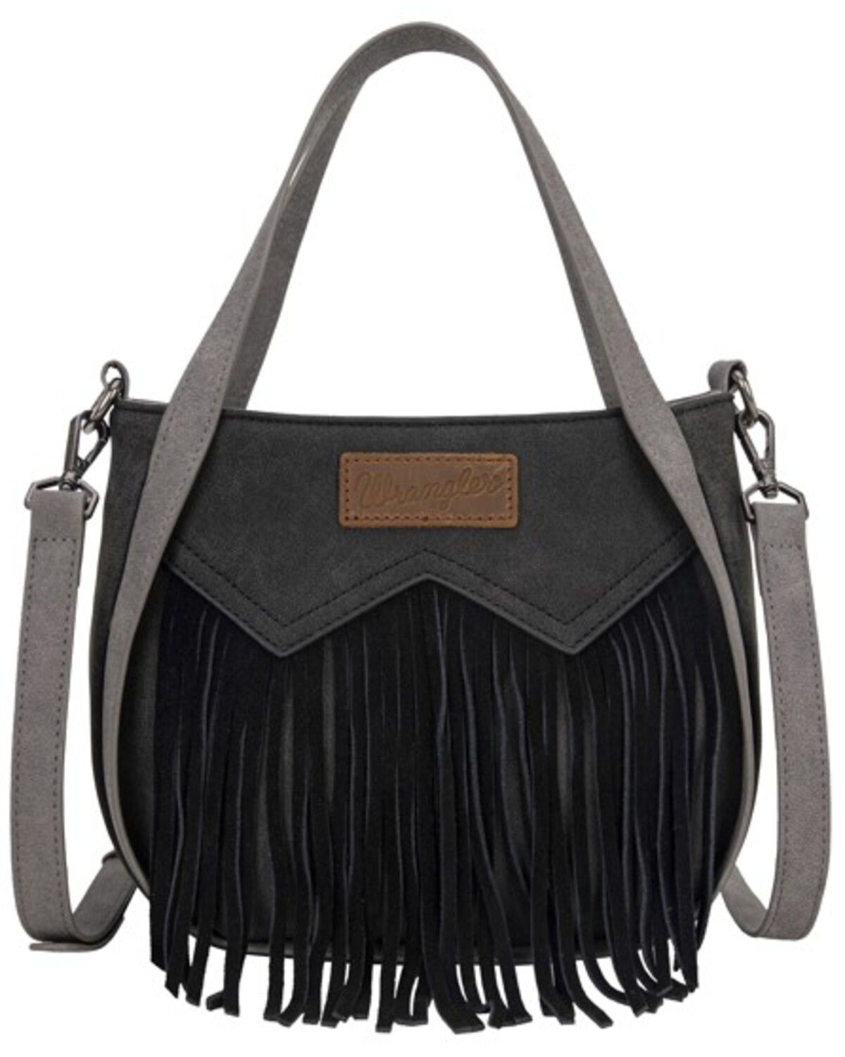 Image #1 - Wrangler Women's "W" Stitch Fringe Two Tone Crossbody, Black, hi-res
