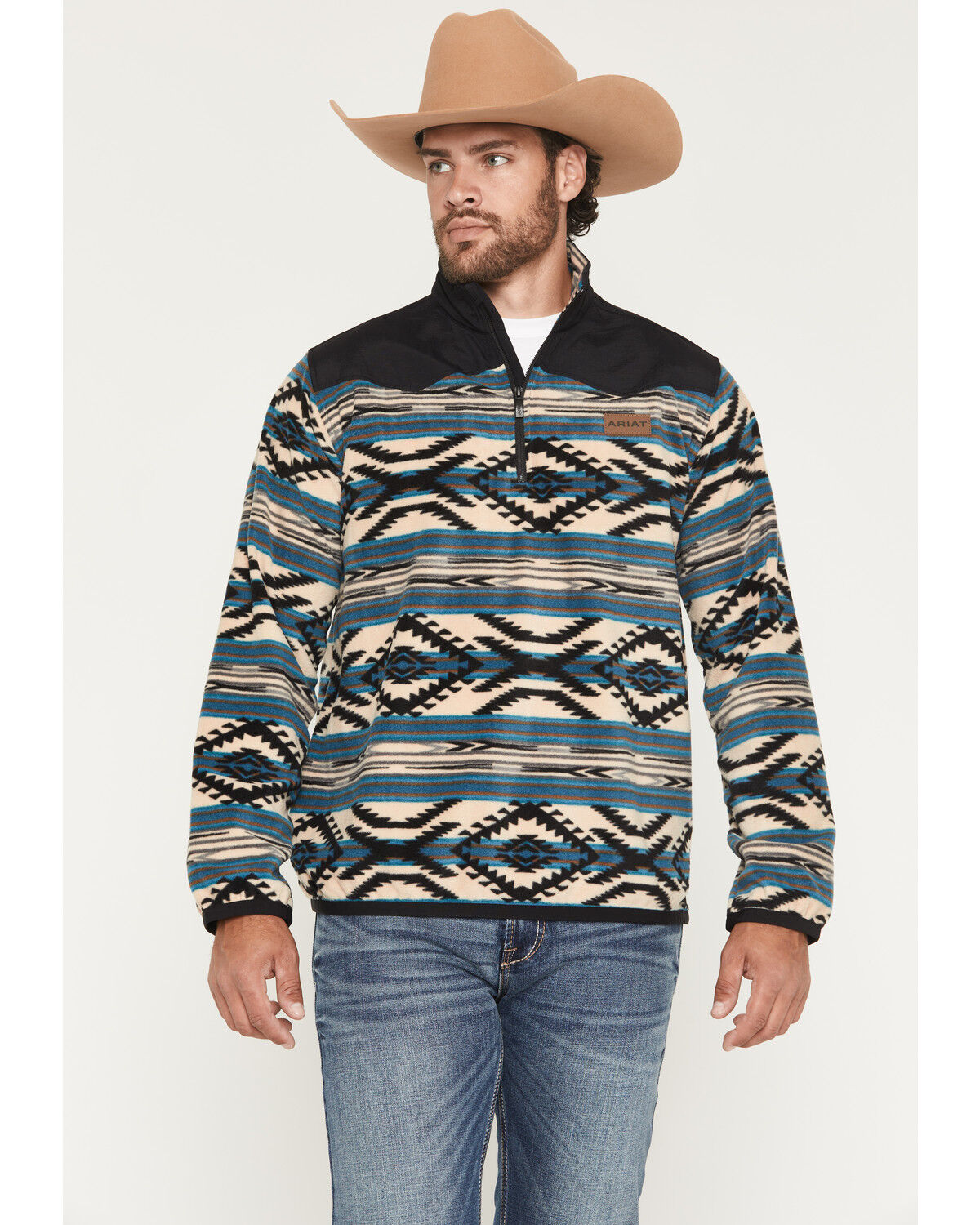 Image #1 - Ariat Men's Basis Southwest 1/4 Zip-Up Fleece Pullover - Tall, Teal, hi-res