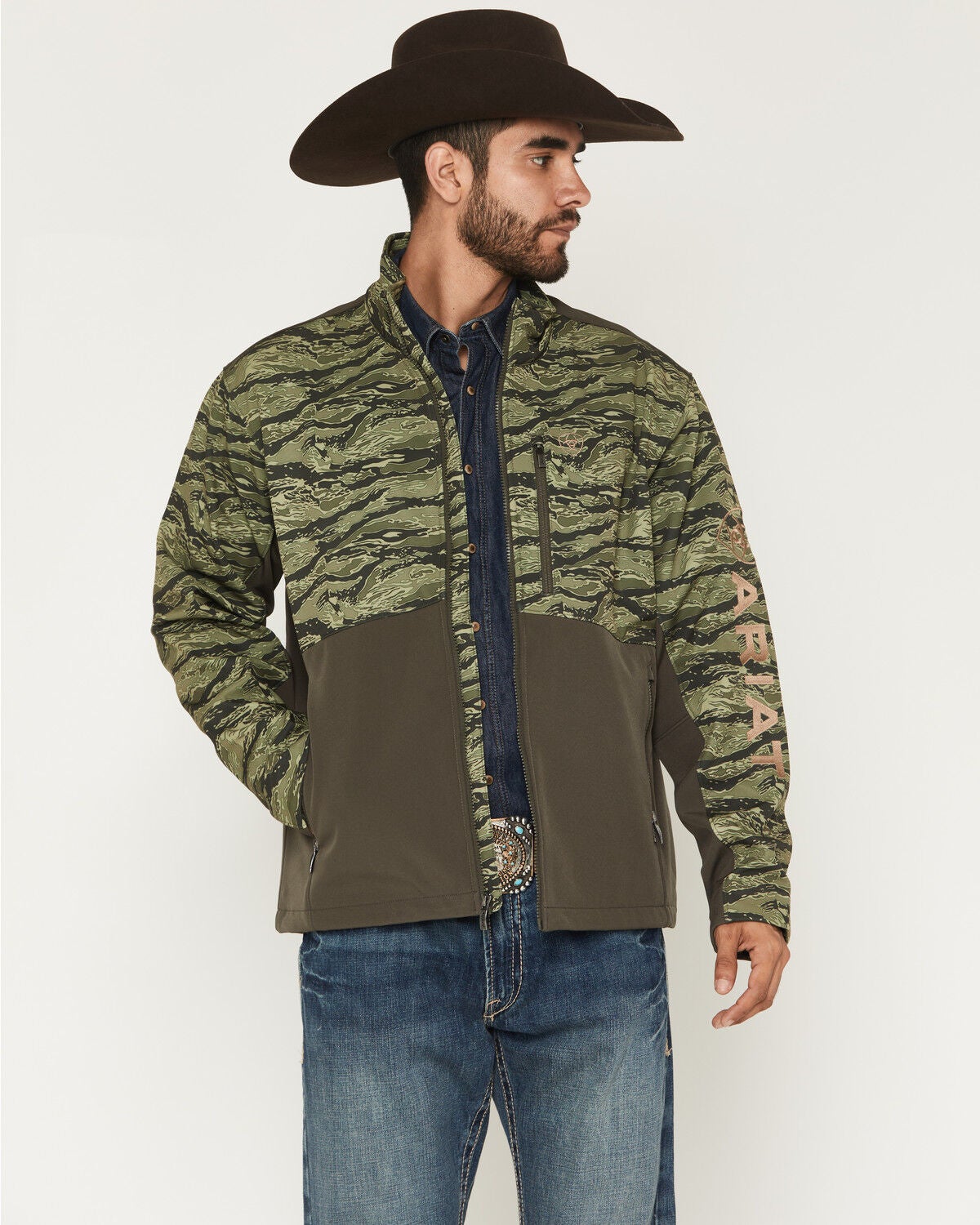 Image #1 - Ariat Men's Logo Camo Logo Concealed Carry Softshell Jacket - Tall, Black, hi-res