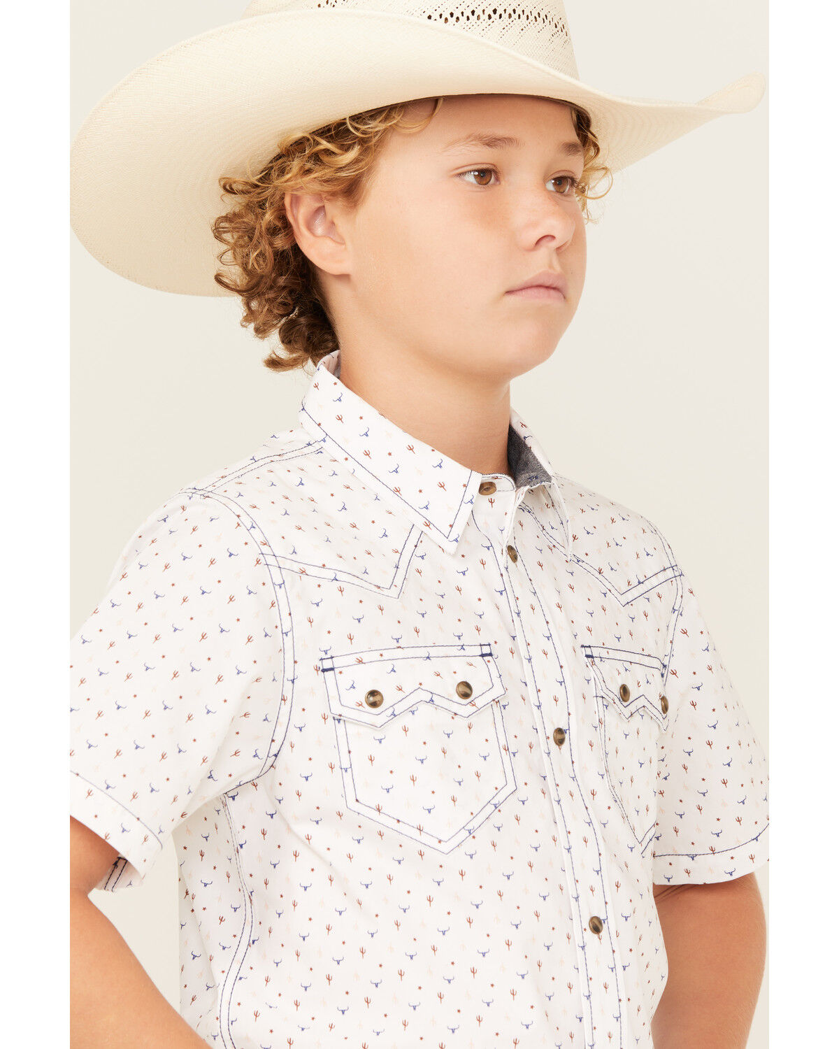 Image #2 - Cody James Boys' Bull Cactus Print Short Sleeve Snap Western Shirt, White, hi-res