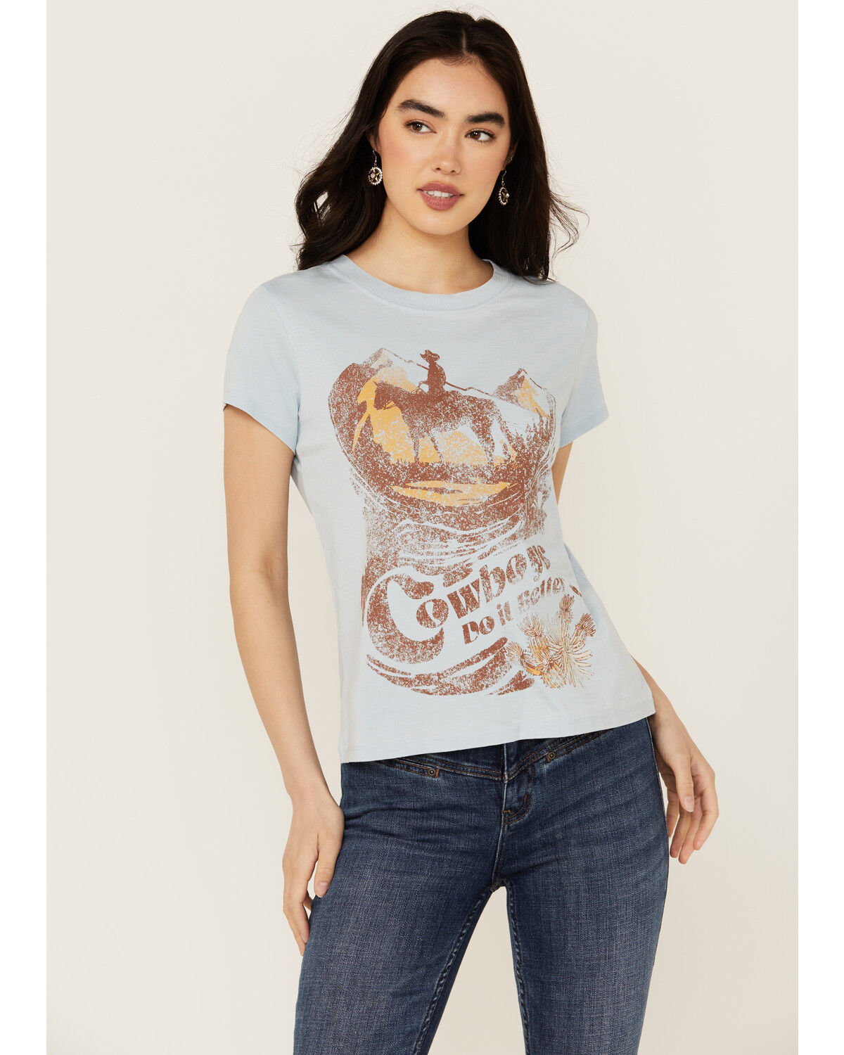 Image #1 - Idyllwind Women's Cowboys Do It Better Relaxed Fit Short Sleeve Graphic Tee, Light Blue, hi-res