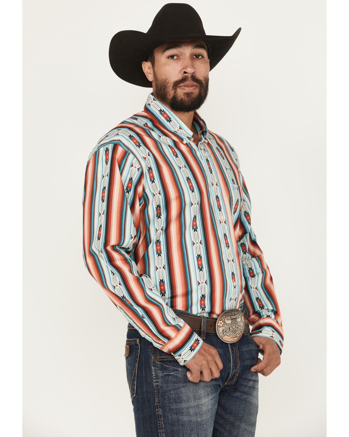Rock & Roll Denim Men's Southwestern Serape Striped Long Sleeve Button-Down Stretch Western Shirt, Red, hi-res