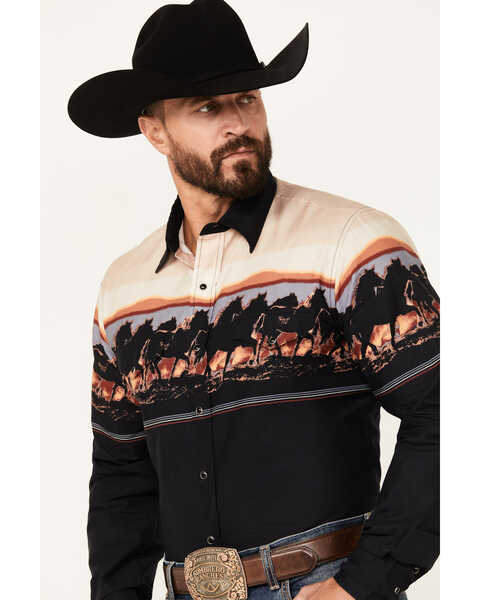 Image #2 - Roper Men's Vintage Horse Print Long Sleeve Snap Western Shirt, Black, hi-res