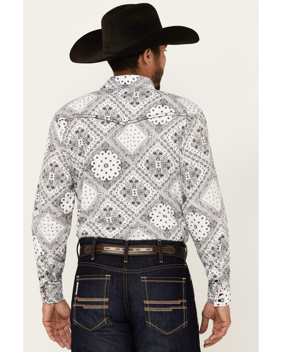 Image #4 - Cowboy Hardware Men's Bandana Print Long Sleeve Pearl Snap Western Shirt, White, hi-res