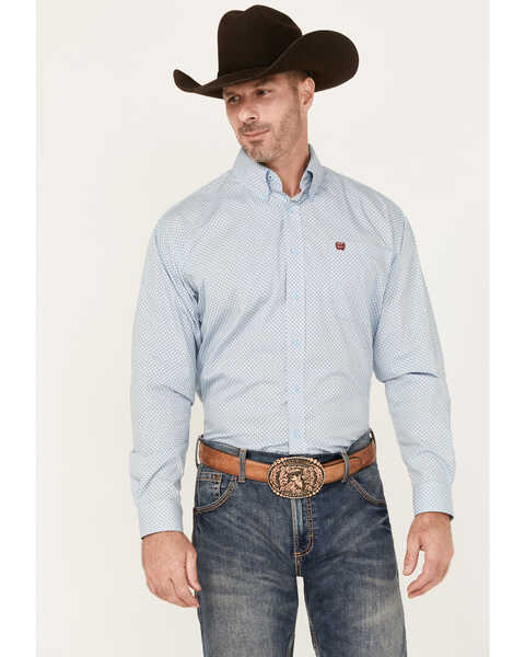 Image #1 - Cinch Men's Diamond Geo Print Long Sleeve Button-Down Western Shirt, Light Blue, hi-res